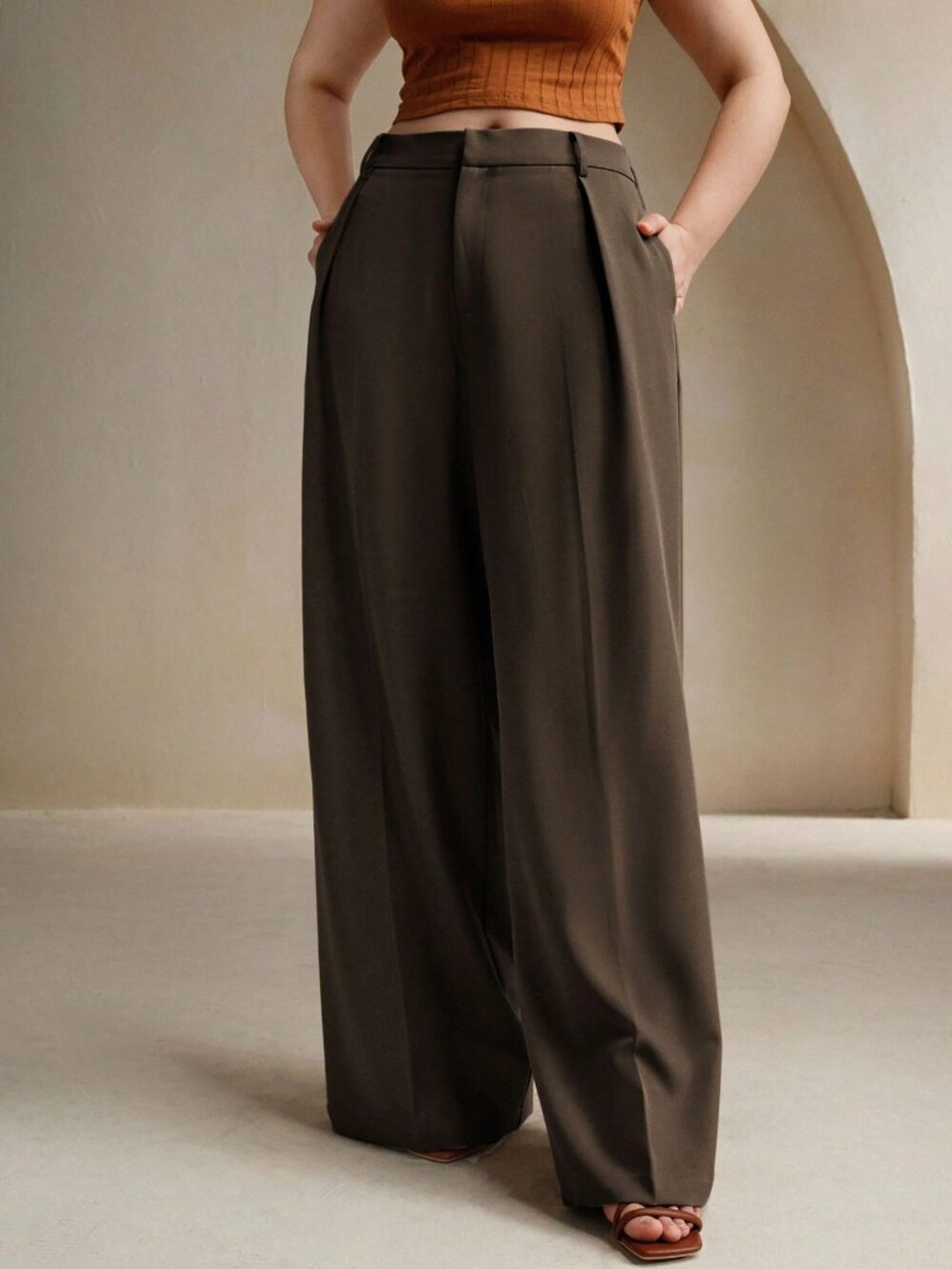 Coffee Brown Elegant Women's Suit Pants